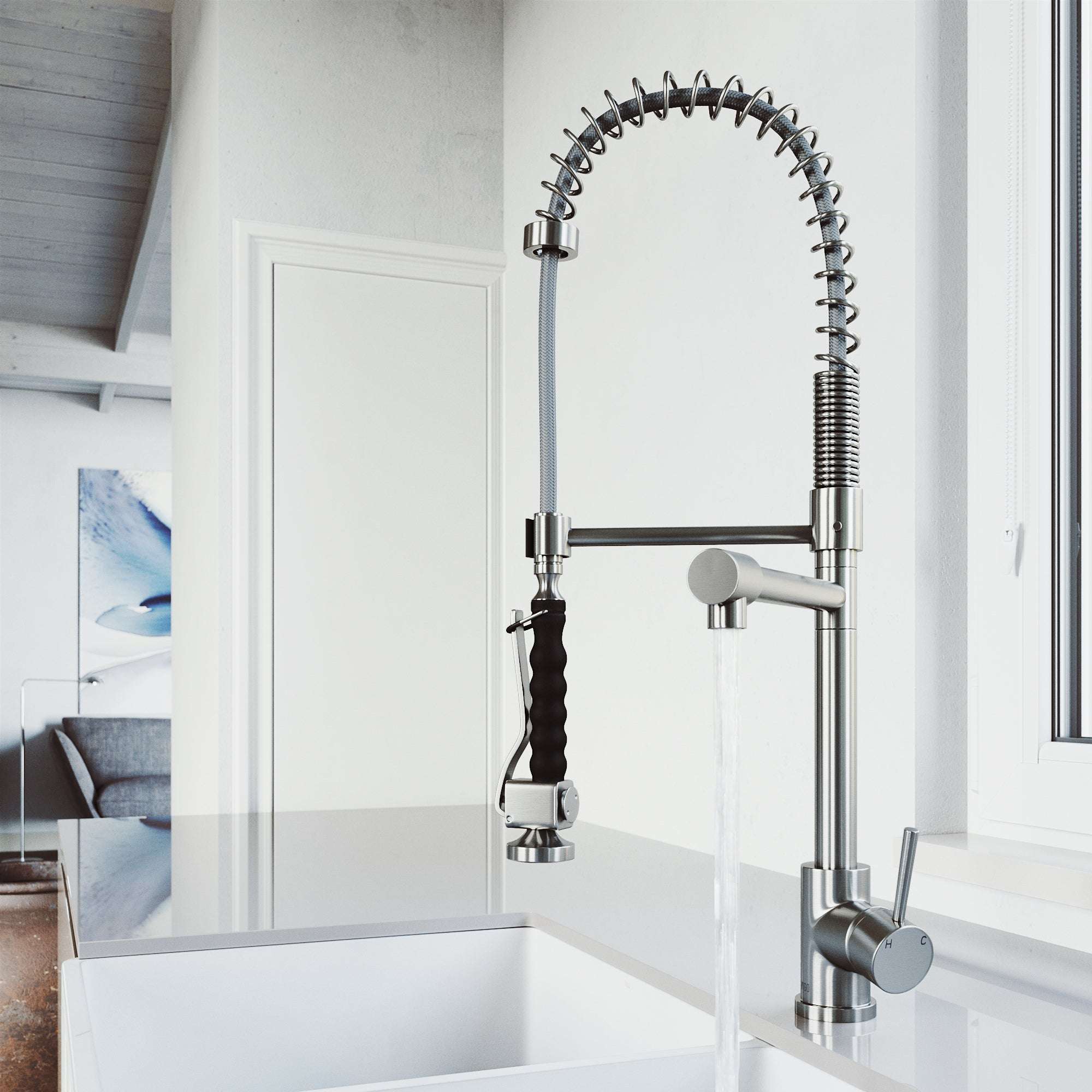 Stainless steel finish pull-down kitchen faucet with lever handle and spot-resistant surface