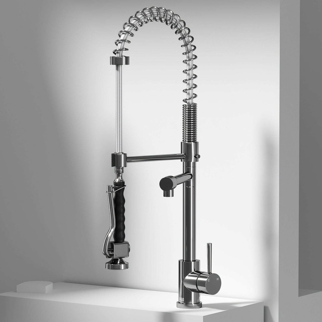 Chrome single handle pull-down kitchen faucet with high-arc gooseneck spout