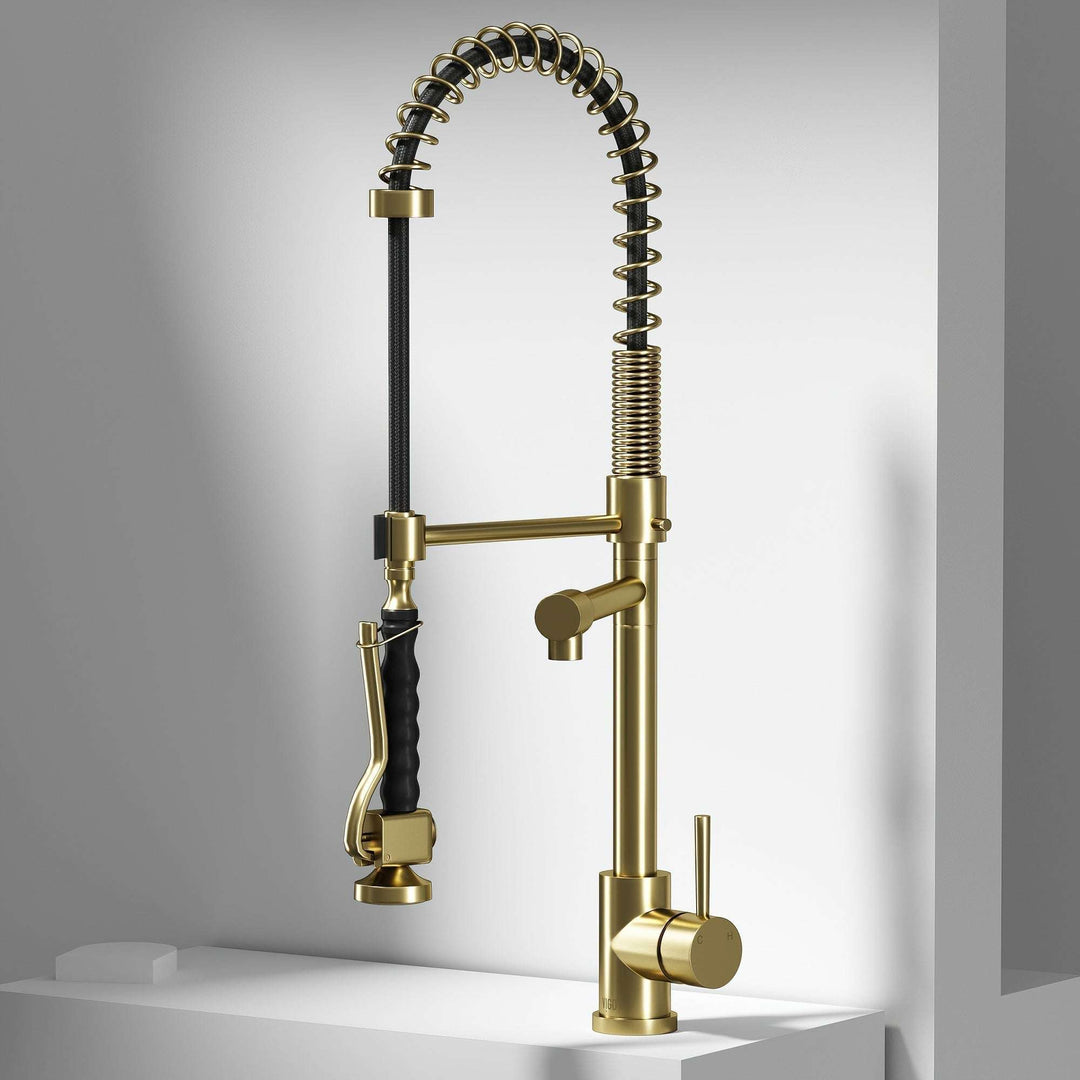 Matte brushed gold single handle pull-down kitchen faucet with high-arc gooseneck spout