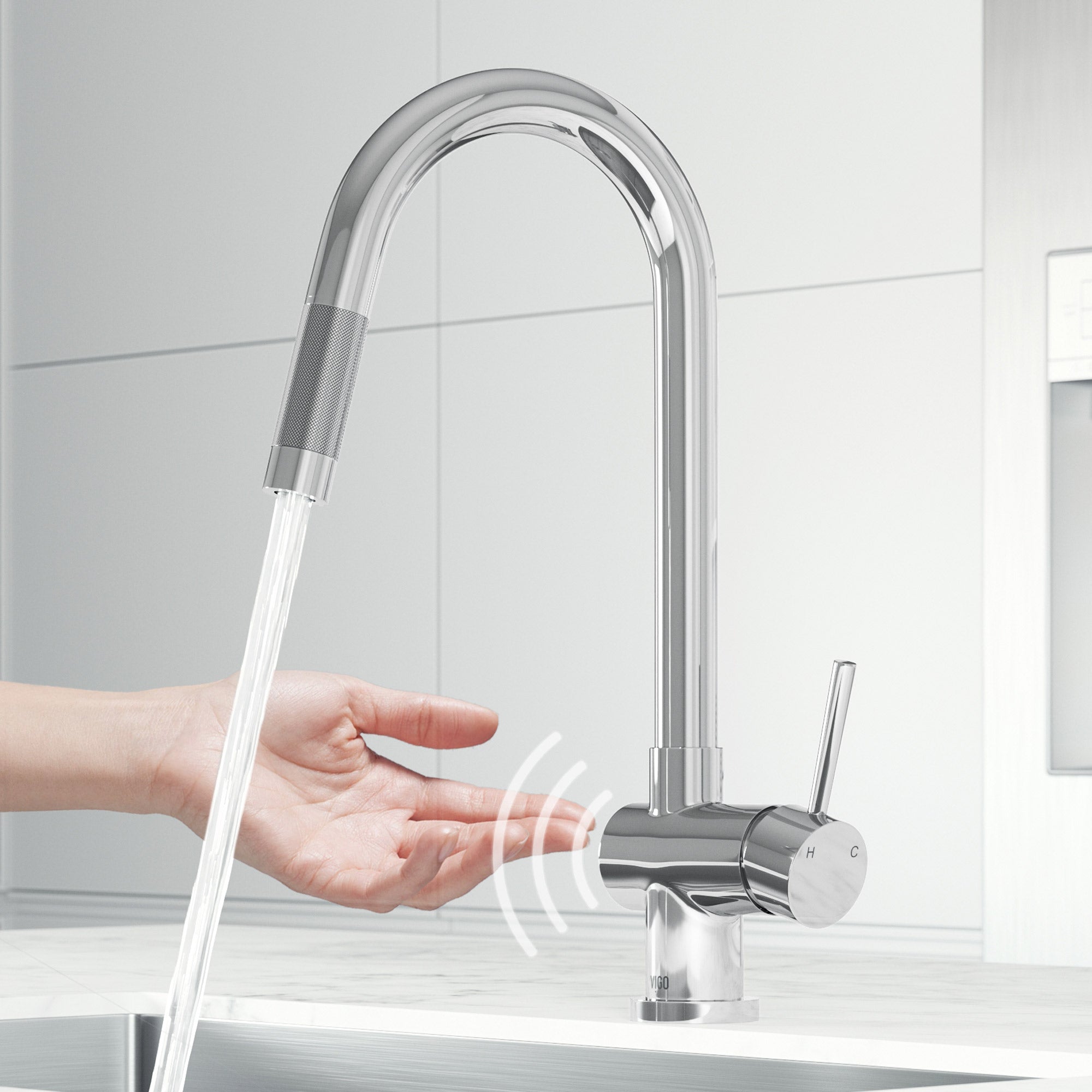 Chrome single handle pull-down kitchen faucet with high-arc gooseneck spout