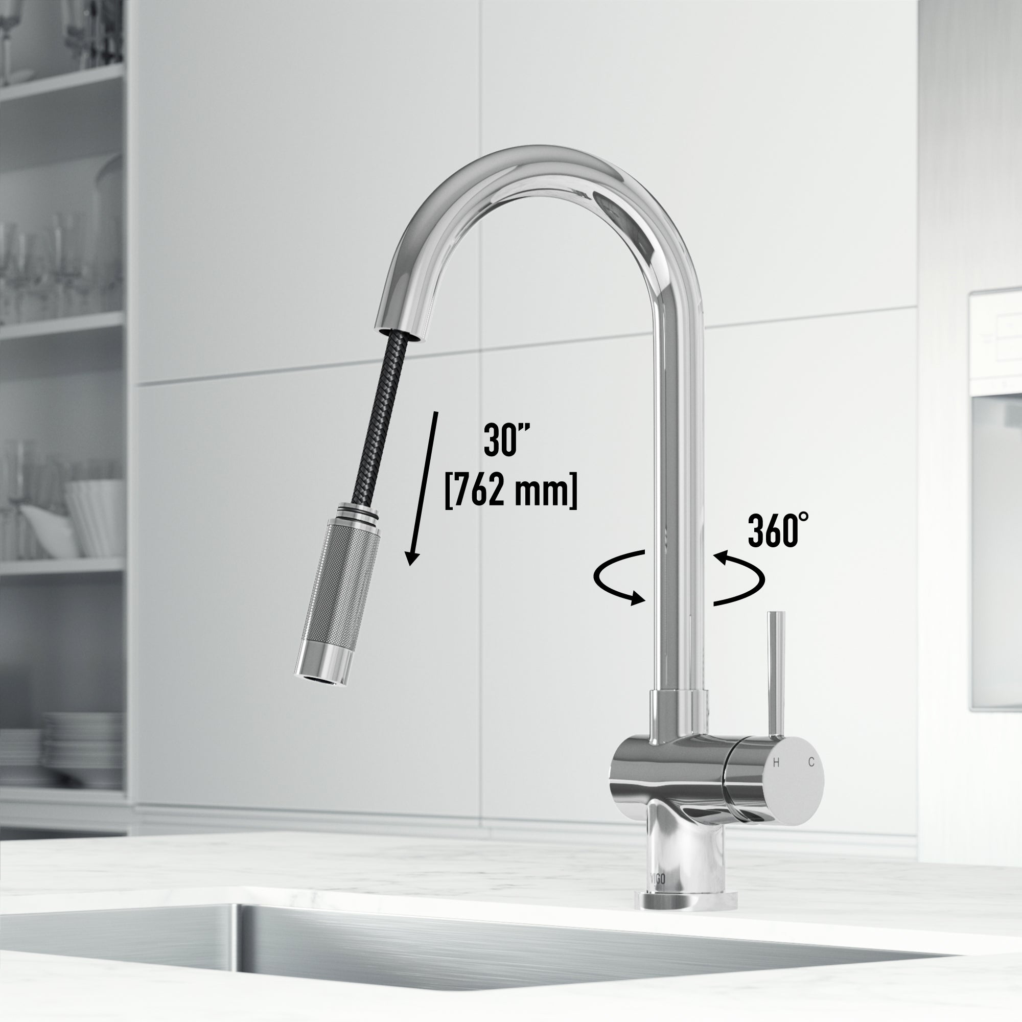 Chrome kitchen faucet with pull-down sprayer and 17-inch assembled height