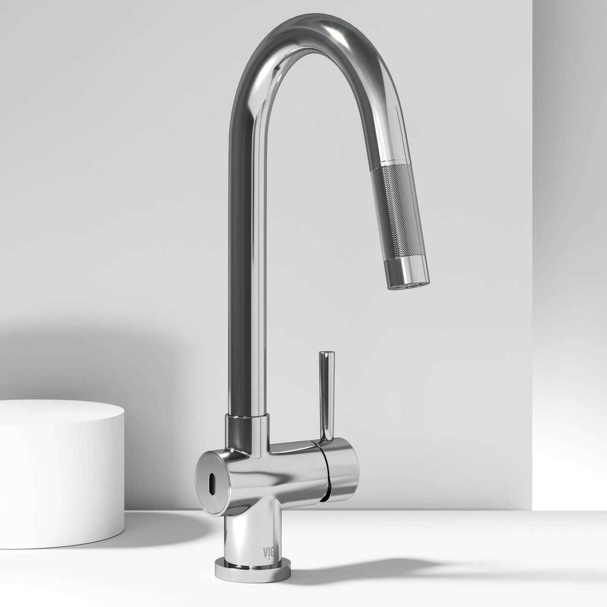 Chrome pull-down kitchen faucet with lever handle and water-efficient design