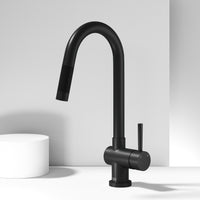 Matte black single handle kitchen faucet with pull-down sprayer and gooseneck spout