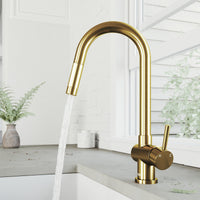 Pull-down sprayer kitchen faucet with matte brushed gold finish and included mounting hardware