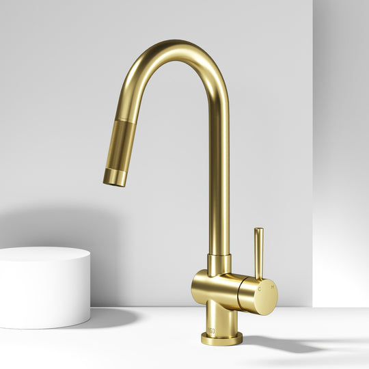 Kitchen faucet with matte brushed gold finish and 360-degree spout swivel capability