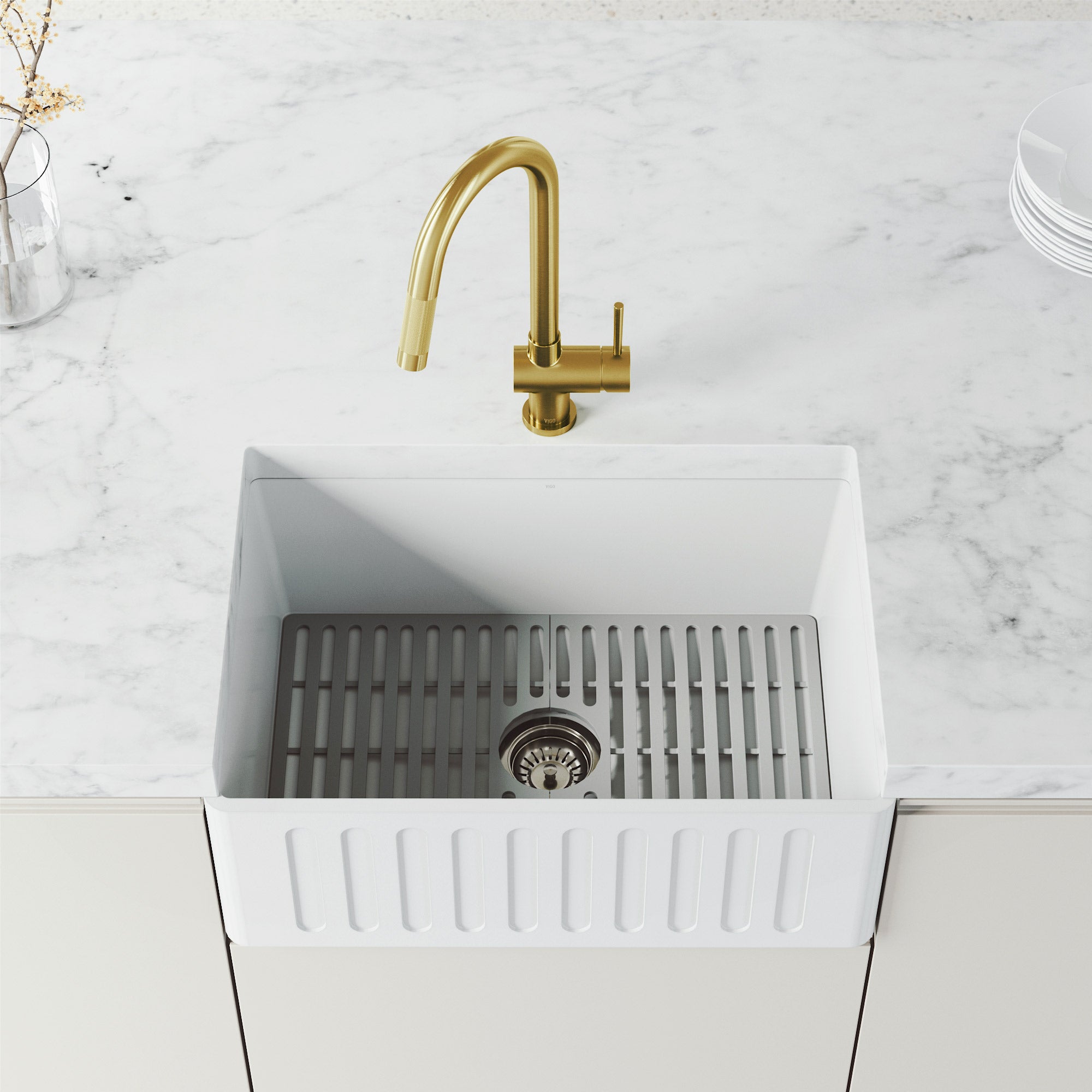 Matte brushed gold kitchen faucet with 360-degree spout swivel and secure docking