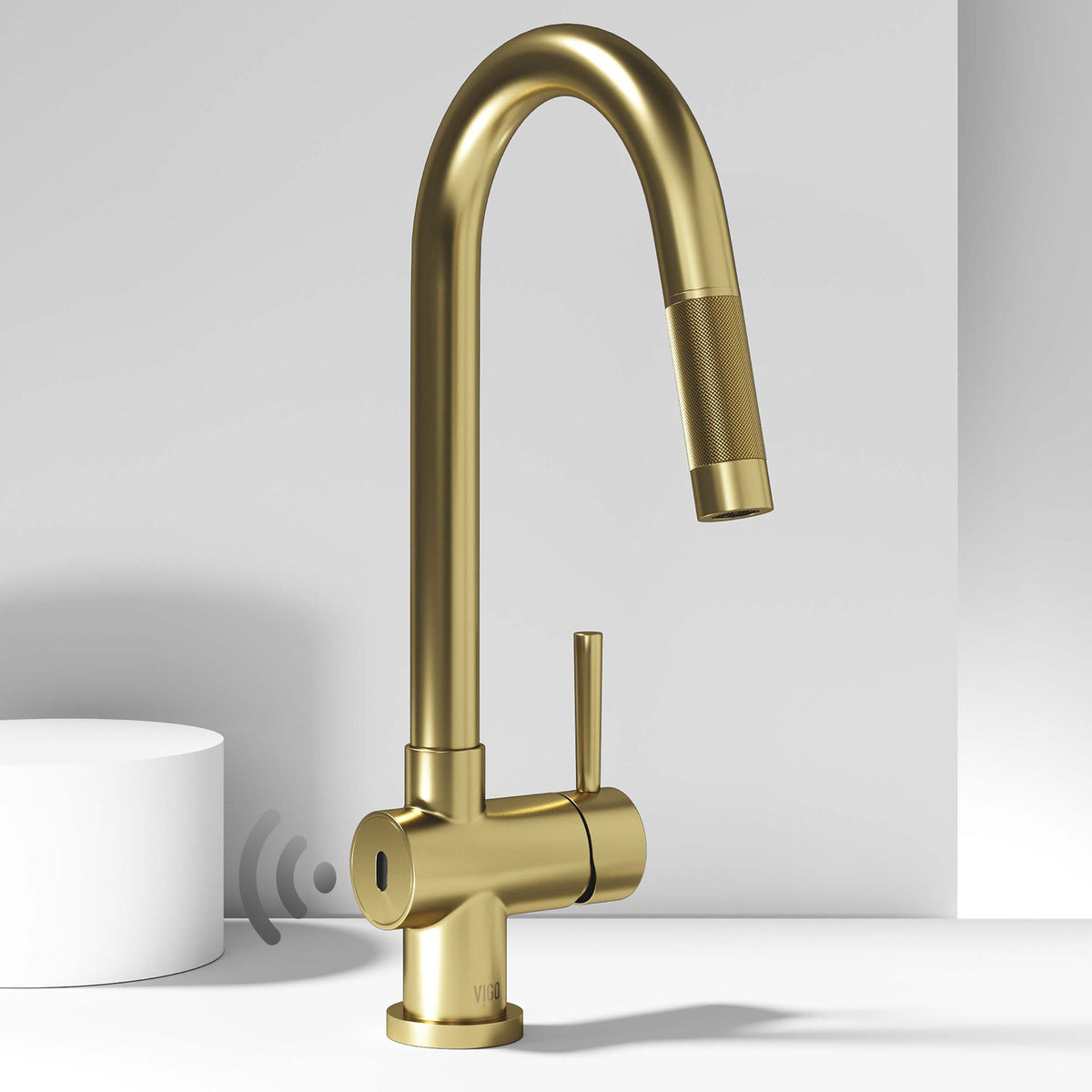 Touchless matte brushed gold faucet with secure docking and ceramic disc valve
