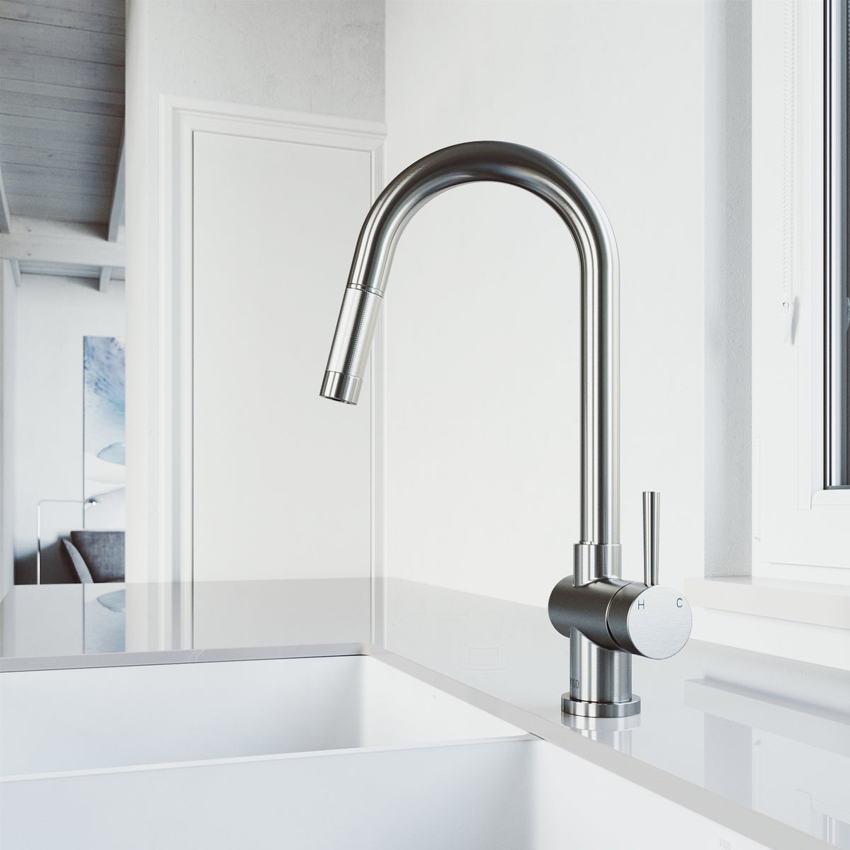 Stainless steel single handle kitchen faucet with pull-down sprayer and gooseneck spout