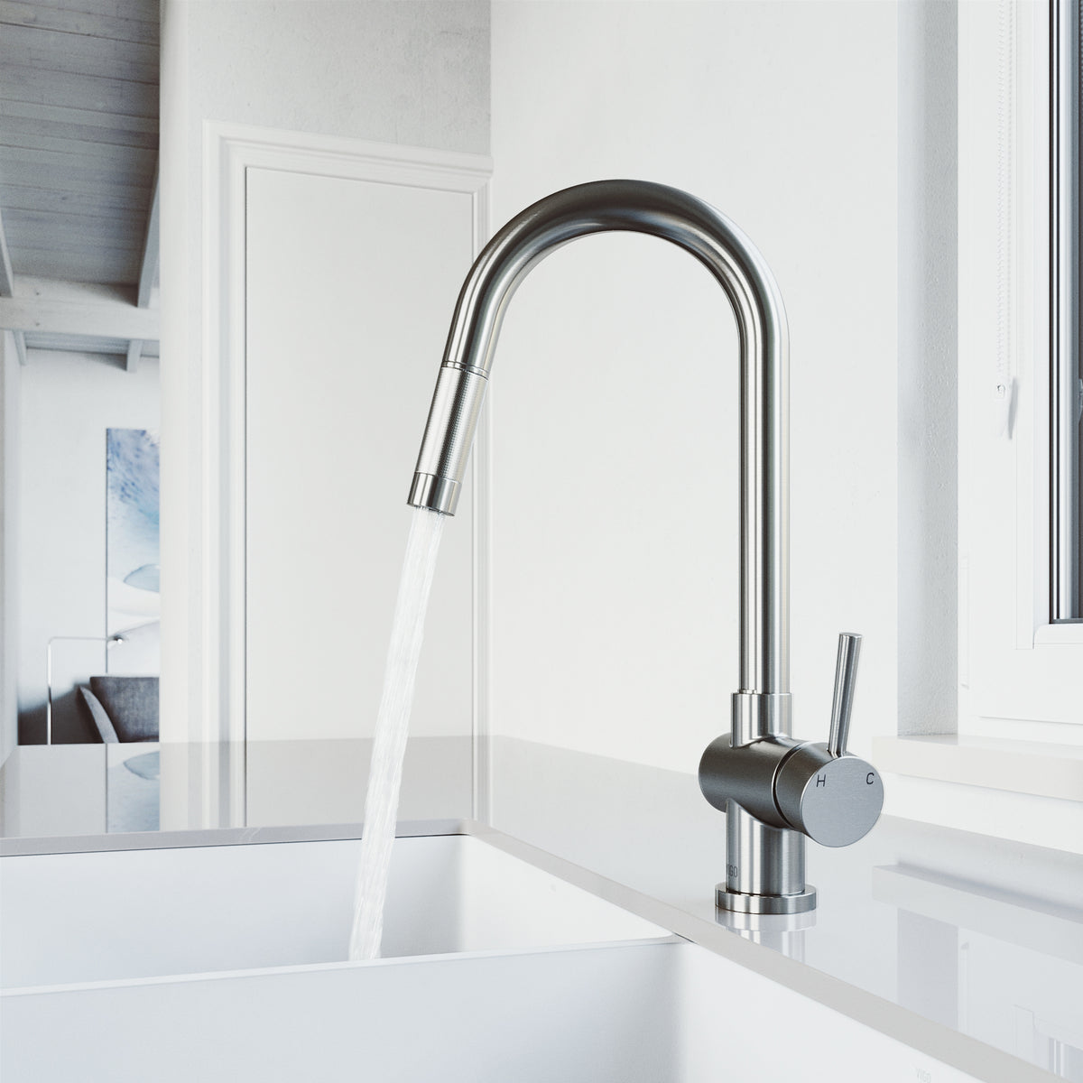 High-arc gooseneck kitchen faucet with ceramic disk valve and compression connection