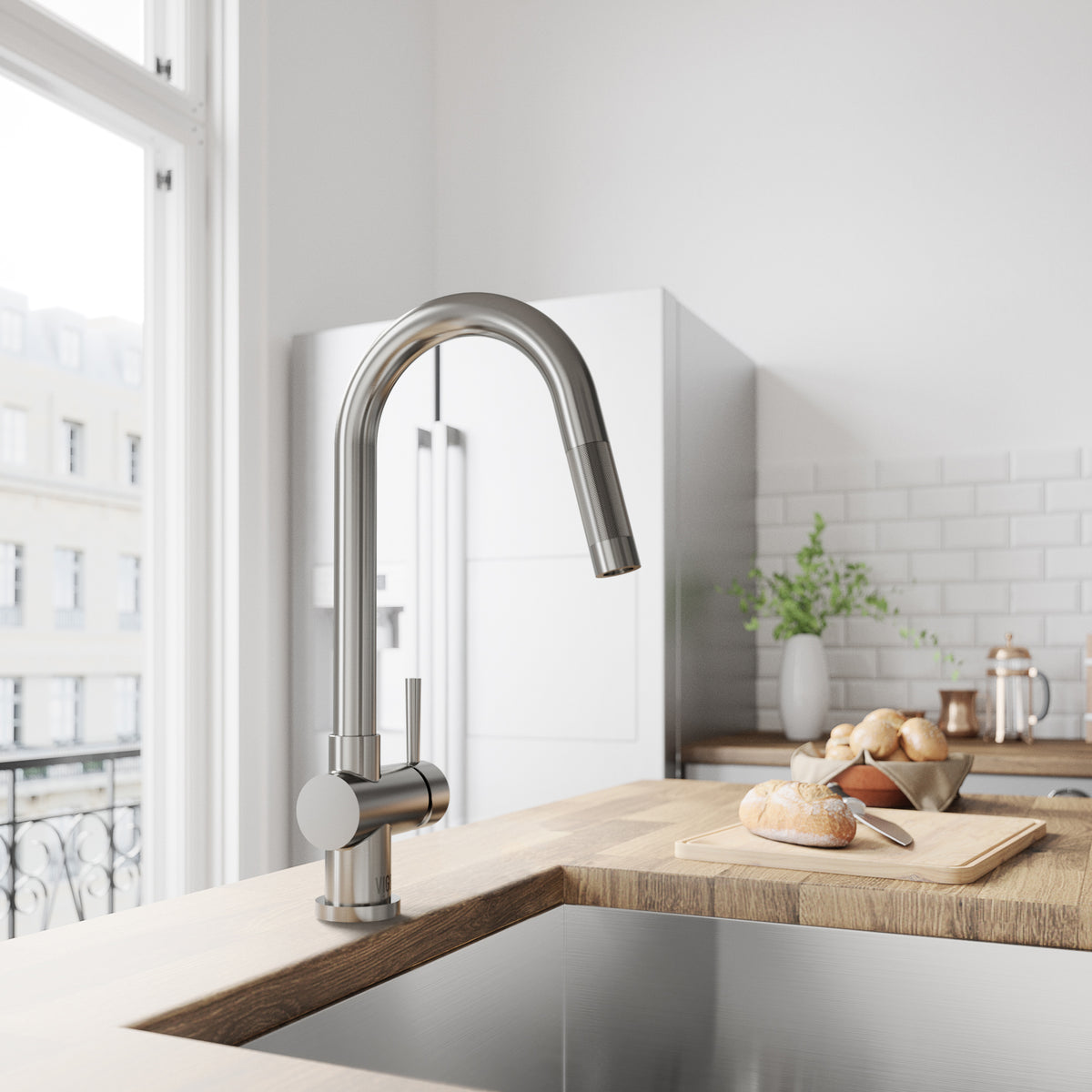 Modern kitchen faucet with pull-down spray and 17-inch assembled height