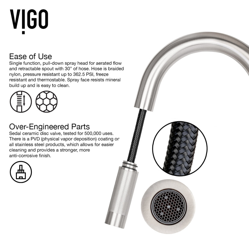 Kitchen faucet with stainless steel finish and 360-degree spout swivel capability