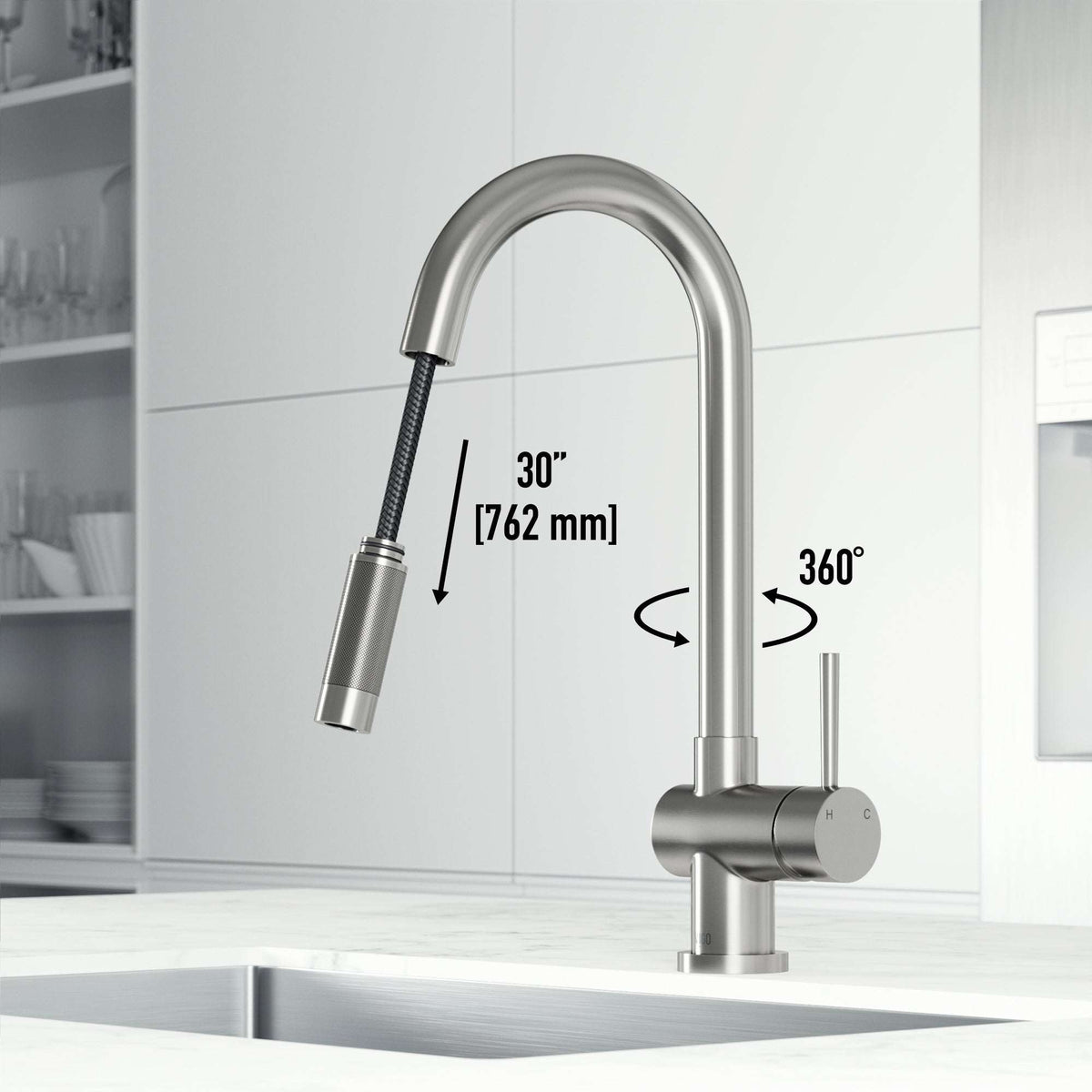 Stainless steel faucet with pull-down sprayer and 17-inch assembled height
