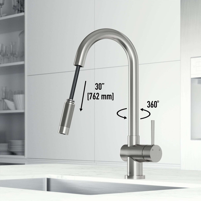 Stainless steel faucet with pull-down sprayer and 17-inch assembled height
