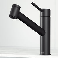 Matte black single handle kitchen faucet with high arc spout and pull-out spray