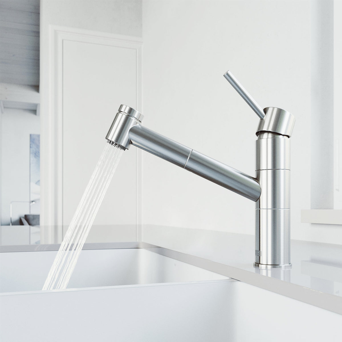Pull-out kitchen faucet in stainless steel with secure docking station