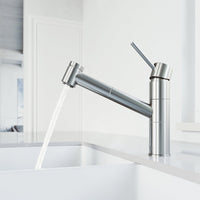 Brass kitchen faucet with lever handle and 180-degree spout swivel