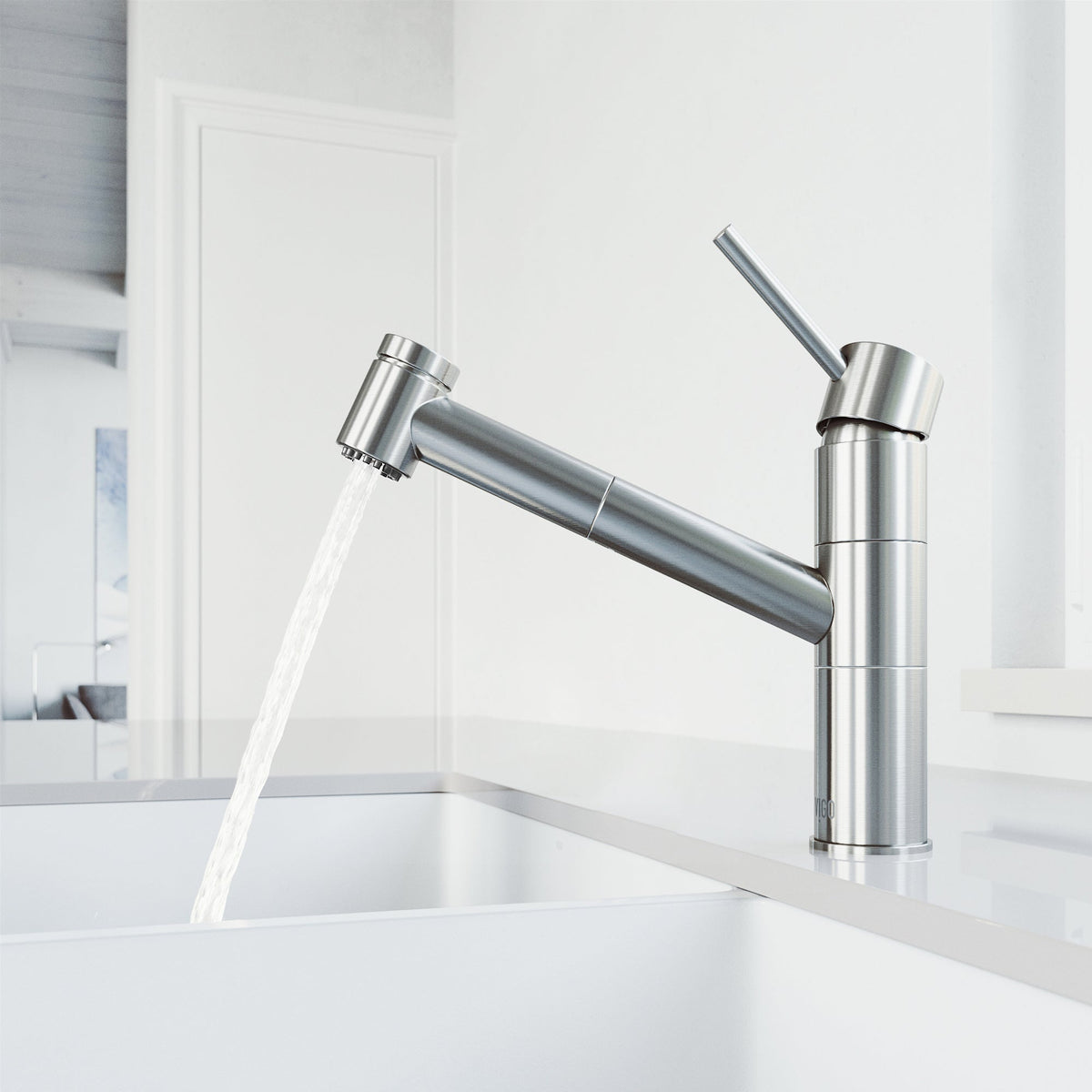 Brass kitchen faucet with lever handle and 180-degree spout swivel