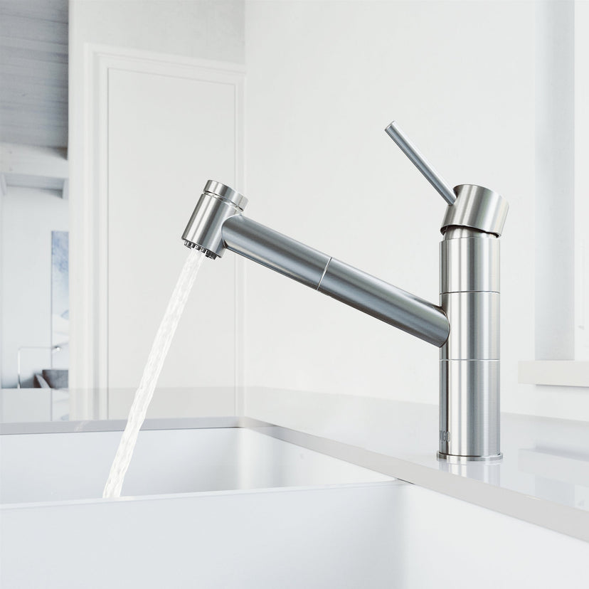 Brass kitchen faucet with lever handle and 180-degree spout swivel