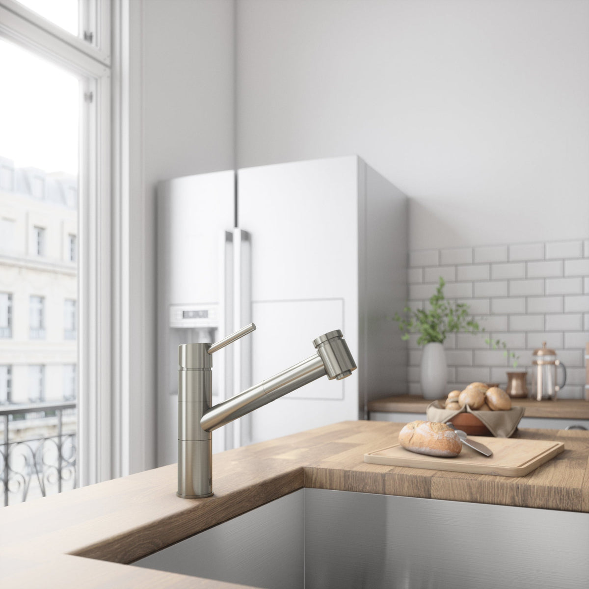 High arc spout kitchen faucet with pull-out wand and spot-resistant finish
