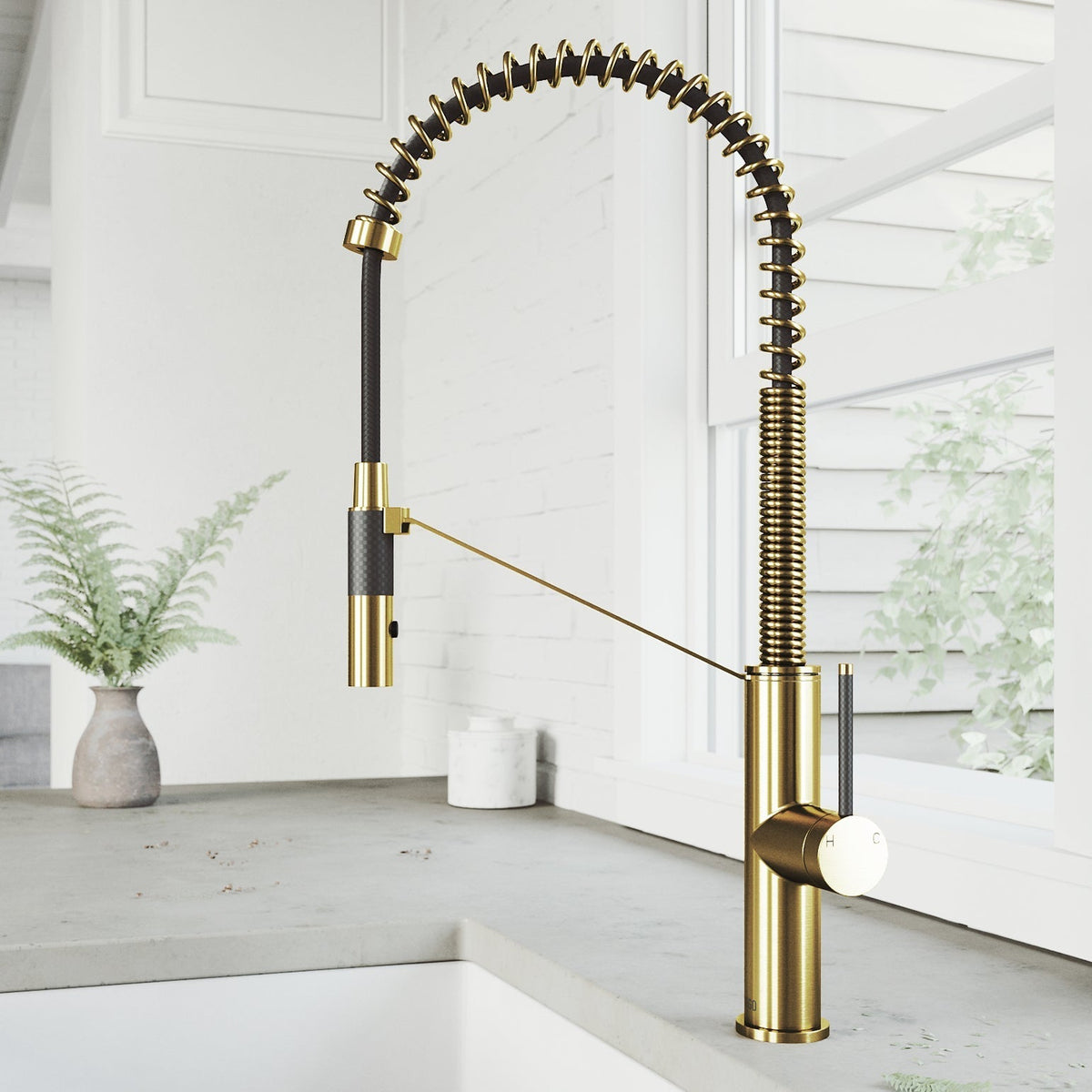 Matte brushed gold single handle kitchen faucet with pull-down sprayer and high-arc spout