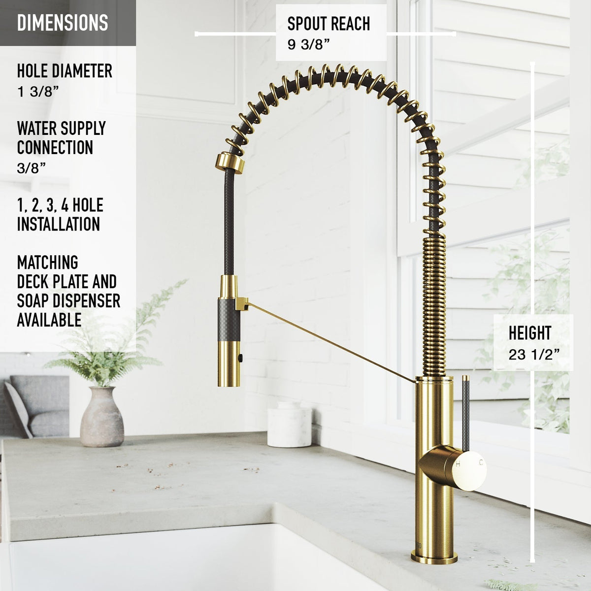 Modern deck-mounted faucet in matte brushed gold with ceramic disc cartridge and 360-degree swivel
