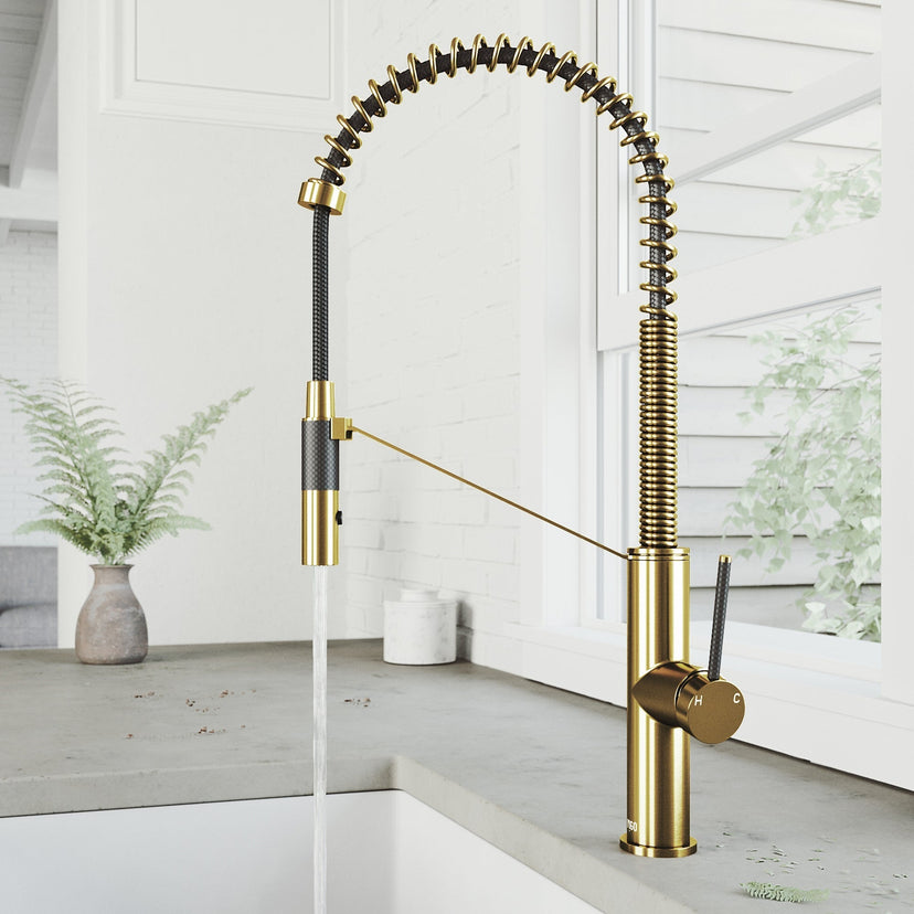 Kitchen faucet with magnetic docking station, pre-rinse function, and matte brushed gold finish