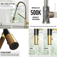 Single handle kitchen faucet in matte brushed gold with pull-down sprayer and swivel spout