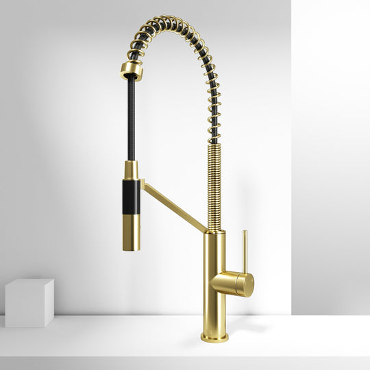 Kitchen faucet with ceramic disc cartridge, high-arc spout, and matte brushed gold finish