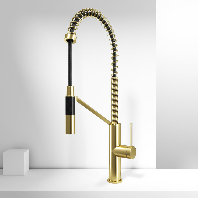 Kitchen faucet with ceramic disc cartridge, high-arc spout, and matte brushed gold finish