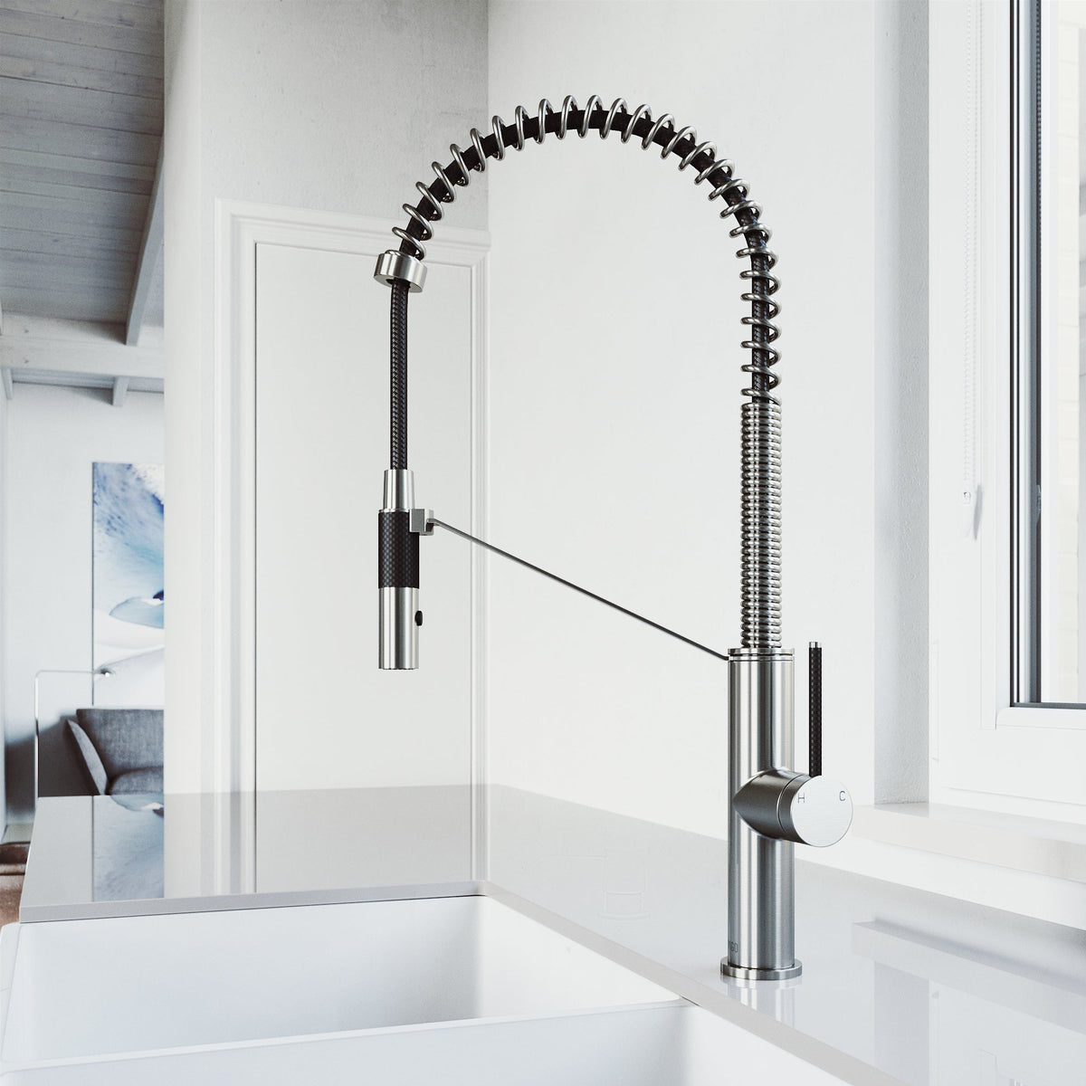 Stainless steel single handle kitchen faucet with pull-down sprayer and high-arc gooseneck spout