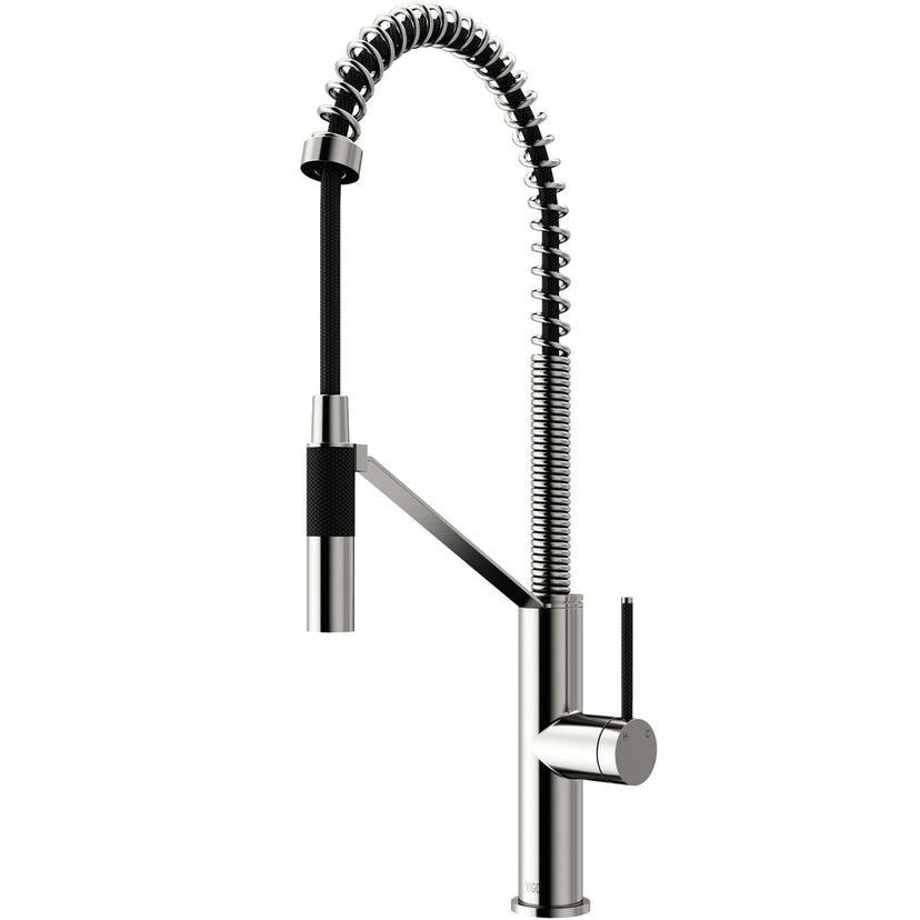 Modern deck-mounted faucet in stainless steel with ceramic disc cartridge and 360-degree swivel