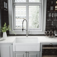 Water-efficient kitchen faucet with high-arc gooseneck spout and ceramic disk valve