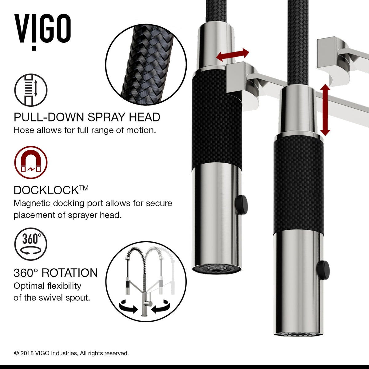 Single handle kitchen faucet in stainless steel with pull-down sprayer and swivel spout