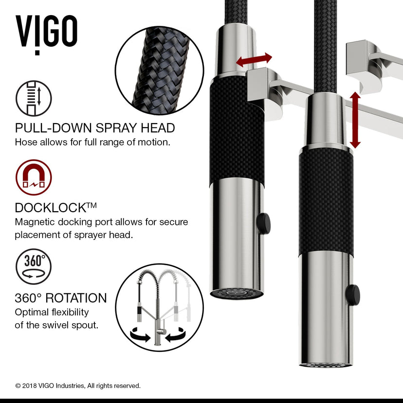 Single handle kitchen faucet in stainless steel with pull-down sprayer and swivel spout