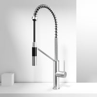 Pull-down faucet with secure docking, spot-resistant finish, and deck-mounted installation