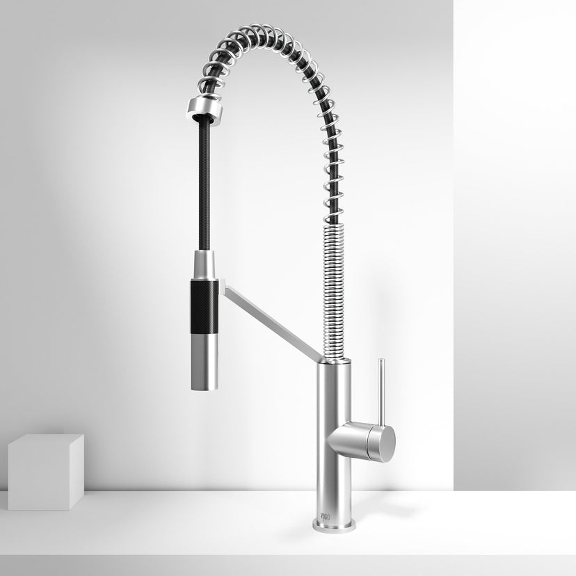 Pull-down faucet with secure docking, spot-resistant finish, and deck-mounted installation