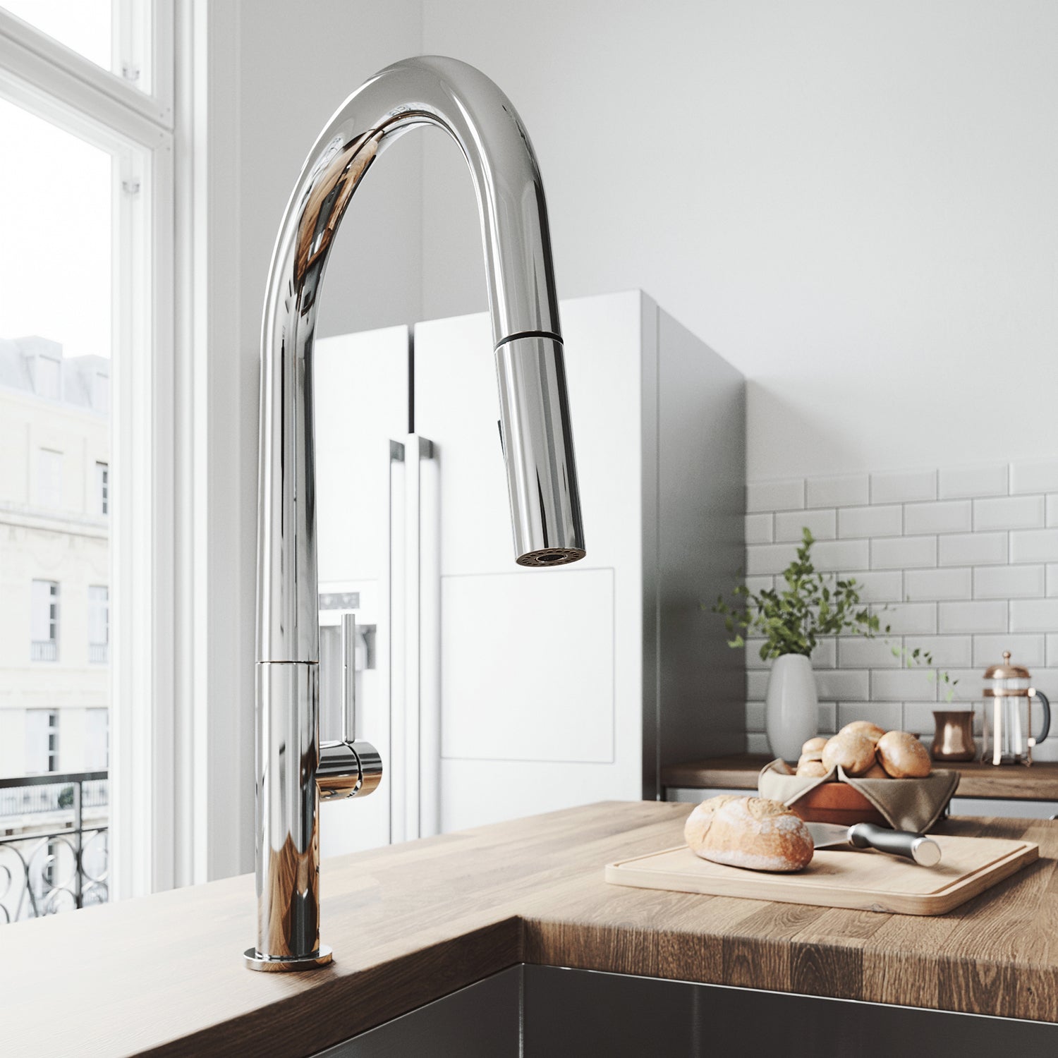 High-arc chrome kitchen faucet with spot-resistant finish and dual-mode spray
