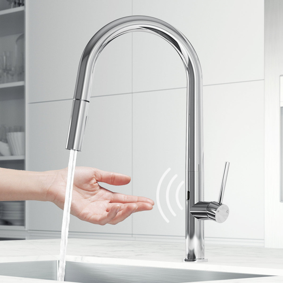 Chrome single handle kitchen faucet with pull-down sprayer and high-arc gooseneck spout
