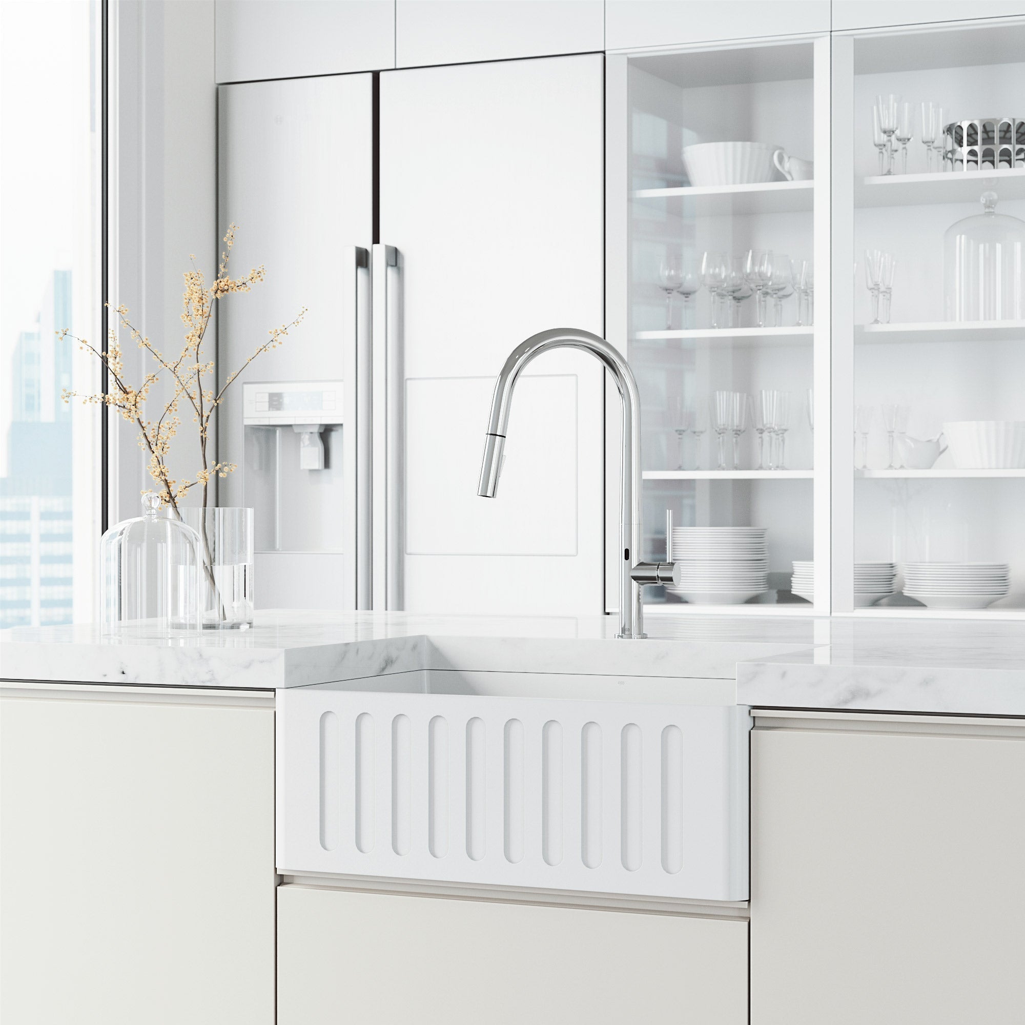 High-arc chrome faucet with lever handle and included supply lines and mounting hardware