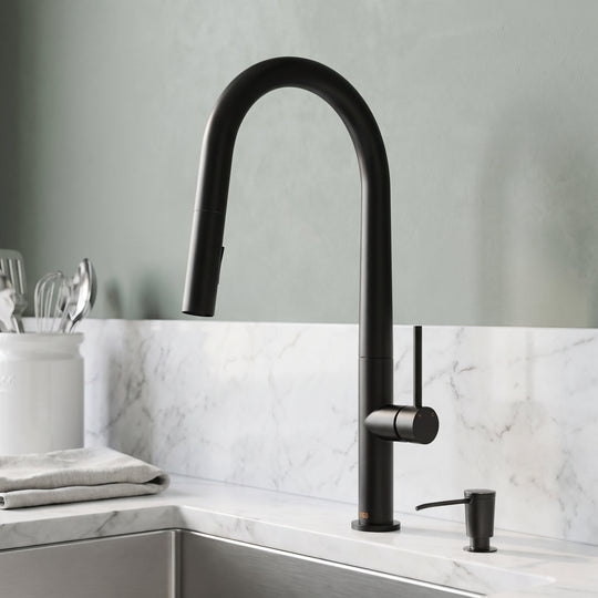 Greenwich Single Handle Pull-Down Sprayer Kitchen Faucet Set with Soap Dispenser in Matte Black