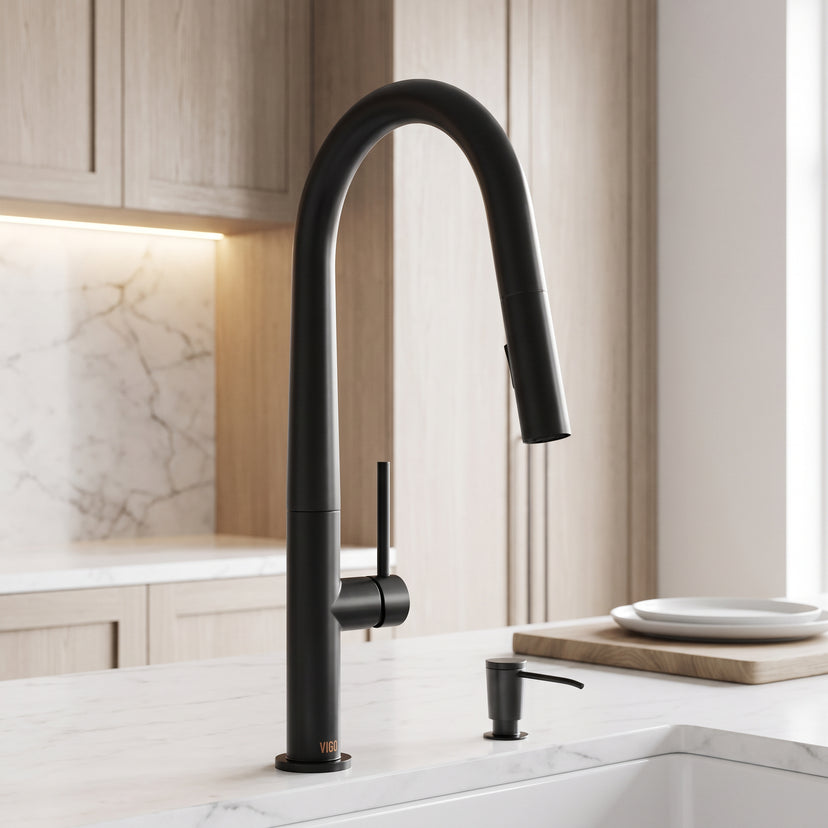 Greenwich Single Handle Pull-Down Sprayer Kitchen Faucet Set with Soap Dispenser in Matte Black