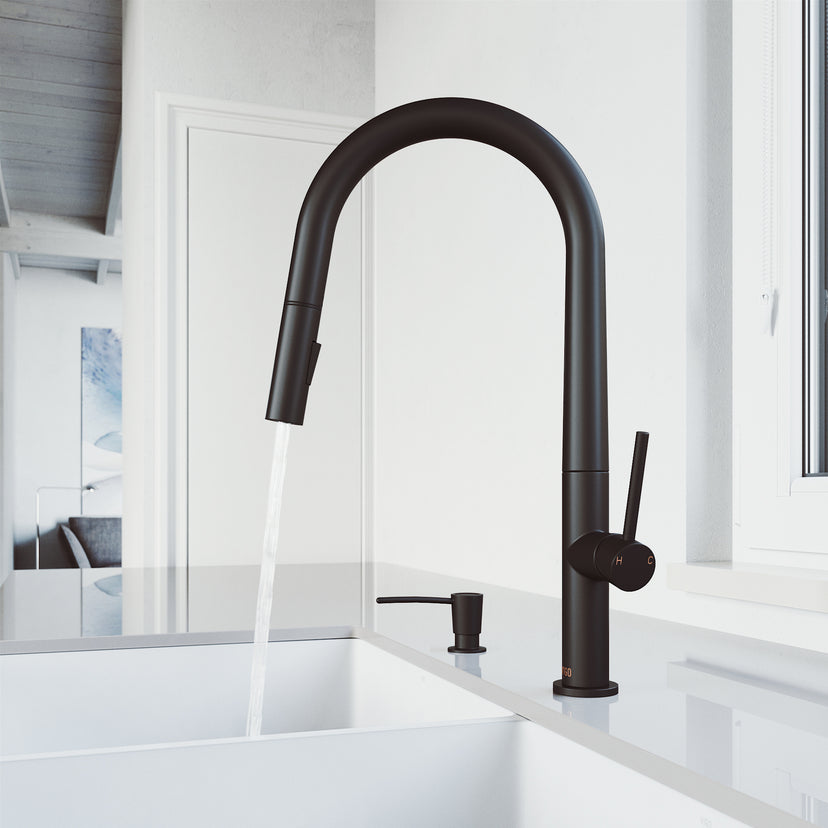 Greenwich Single Handle Pull-Down Sprayer Kitchen Faucet Set with Soap Dispenser in Matte Black