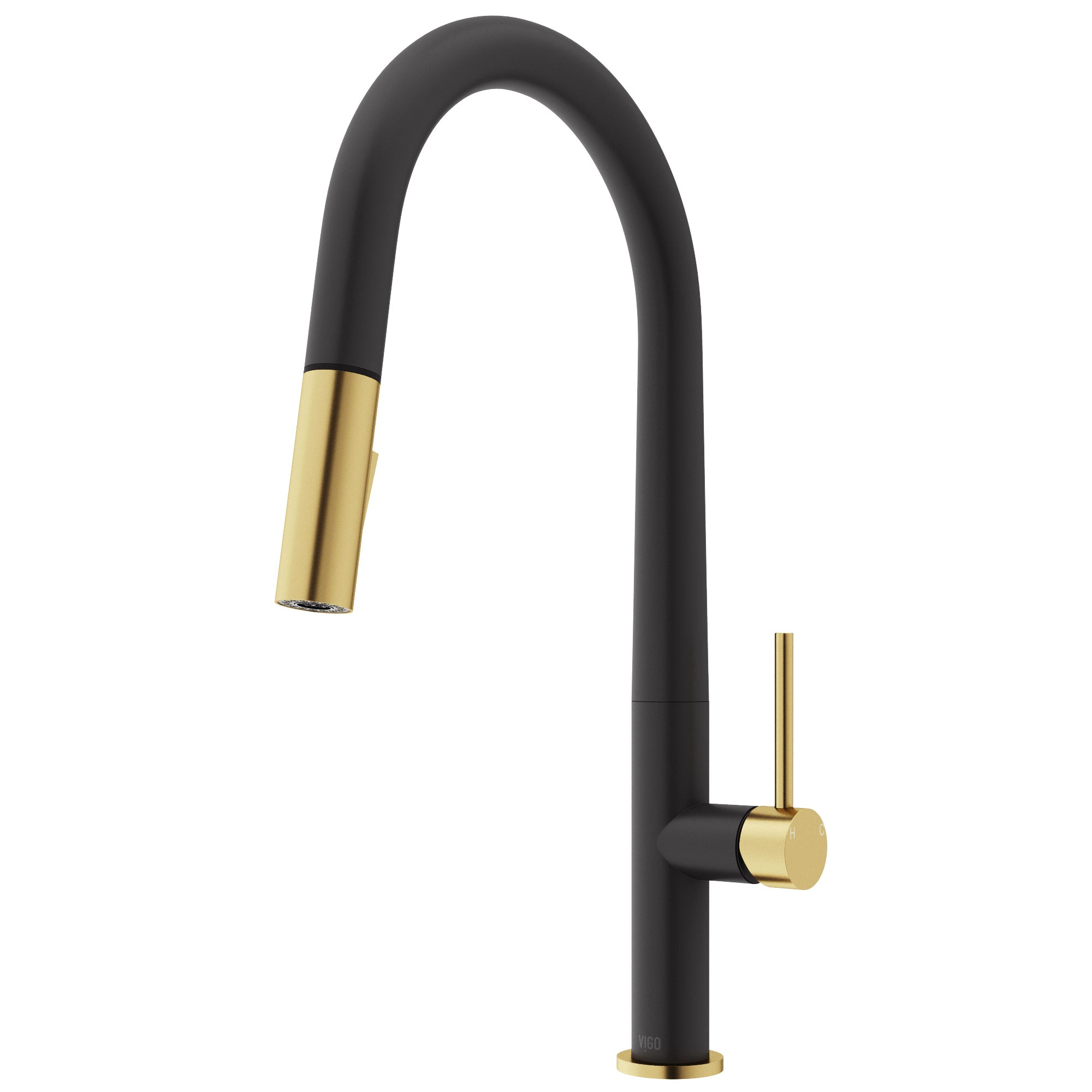Black and gold kitchen faucet with pull-down sprayer, lever handle, and compression connections