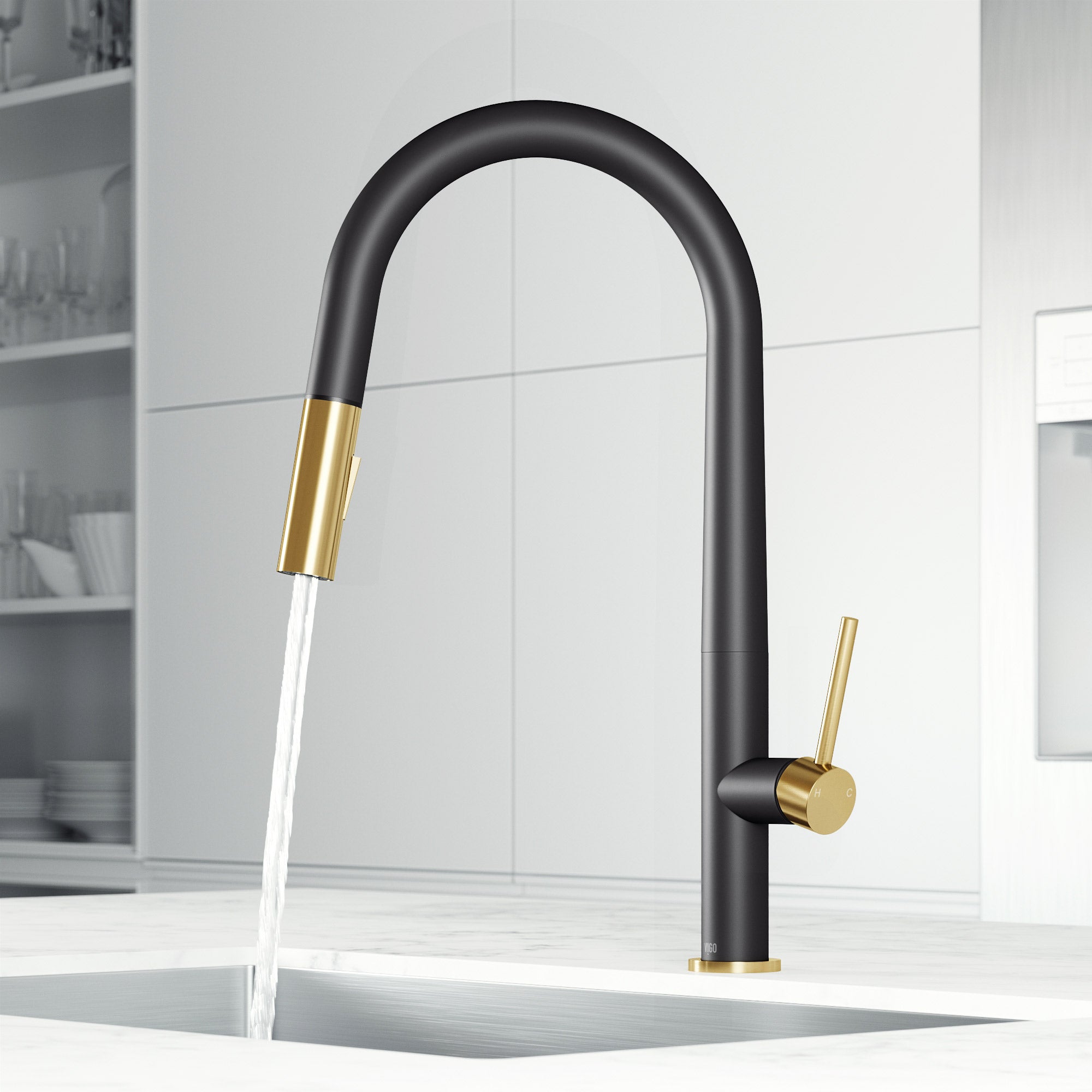 Modern kitchen faucet with gooseneck spout, 18-inch height, and docking station