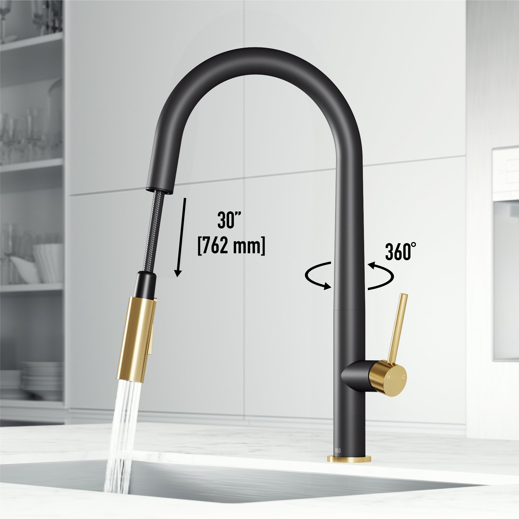 Water-efficient black and gold faucet with swivel spout and included supply lines