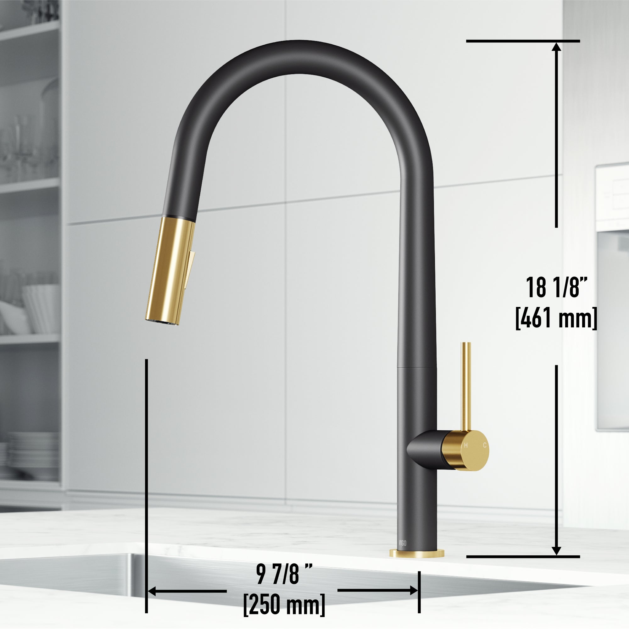 Single-handle kitchen faucet in black and gold with pull-down spray and secure docking