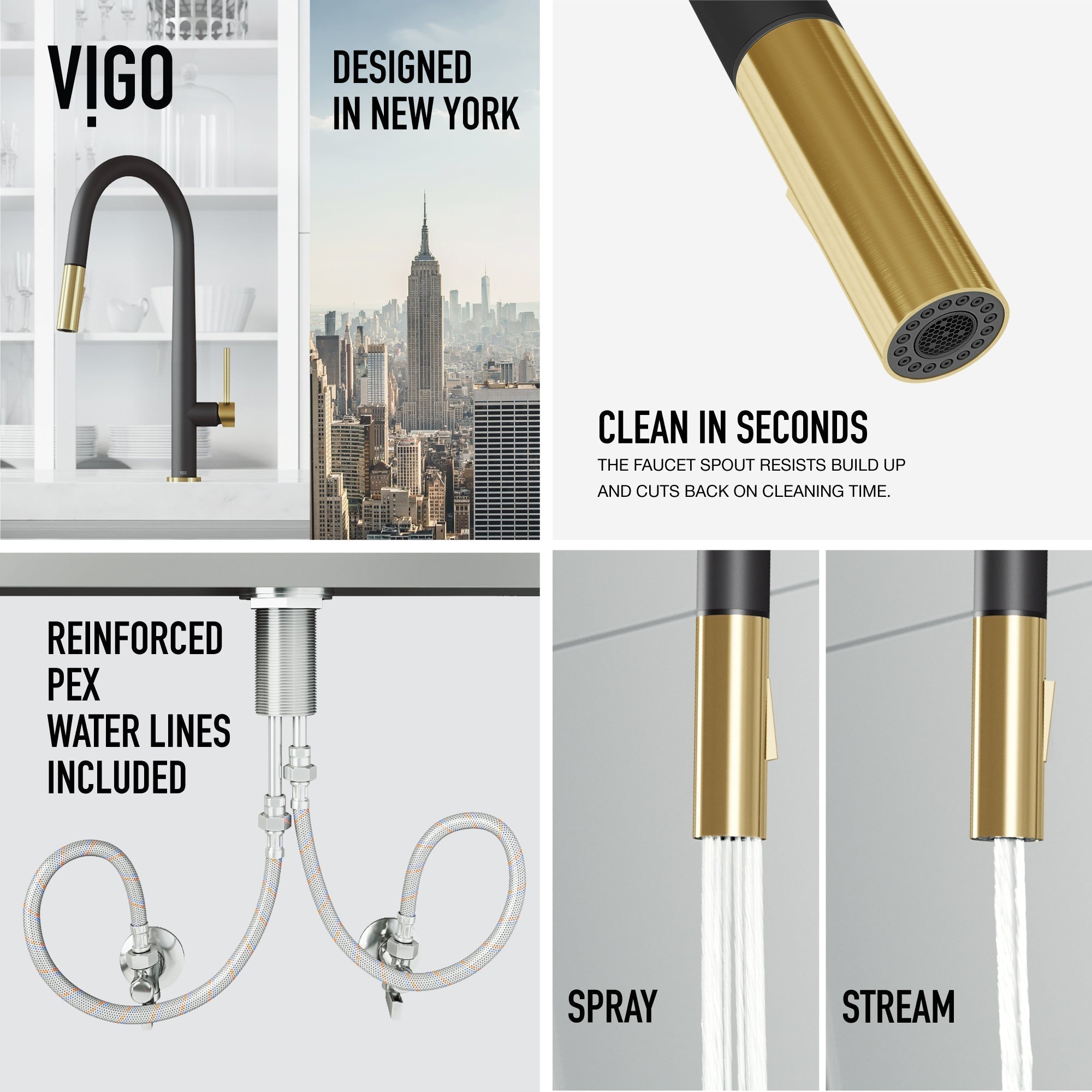 Black and gold pull-down faucet with high-arc design and lever handle