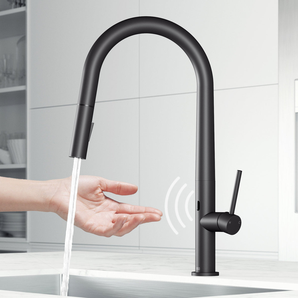 Matte black single handle kitchen faucet with pull-down sprayer and high-arc spout