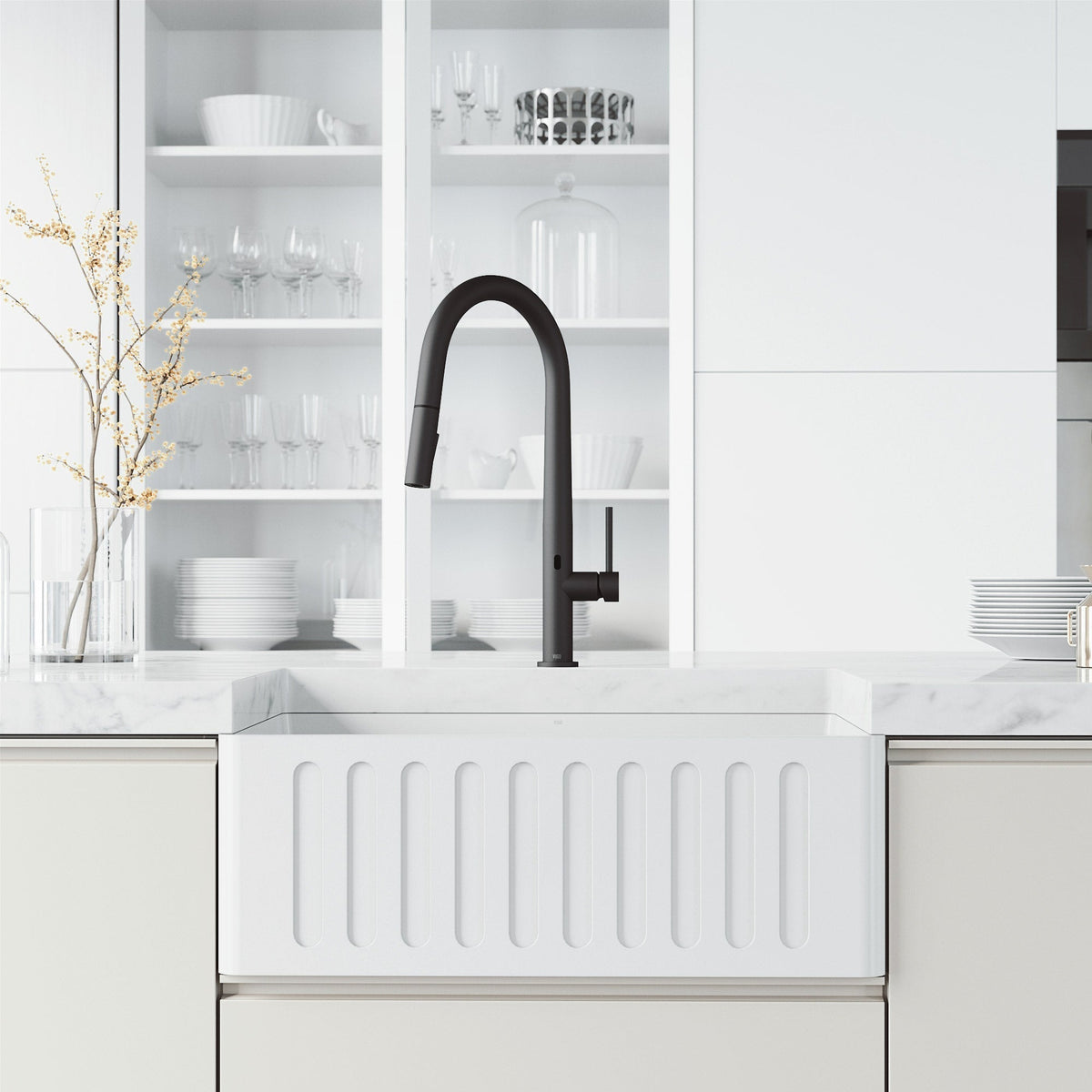 Matte black brass kitchen faucet featuring ceramic disc cartridge and secure docking