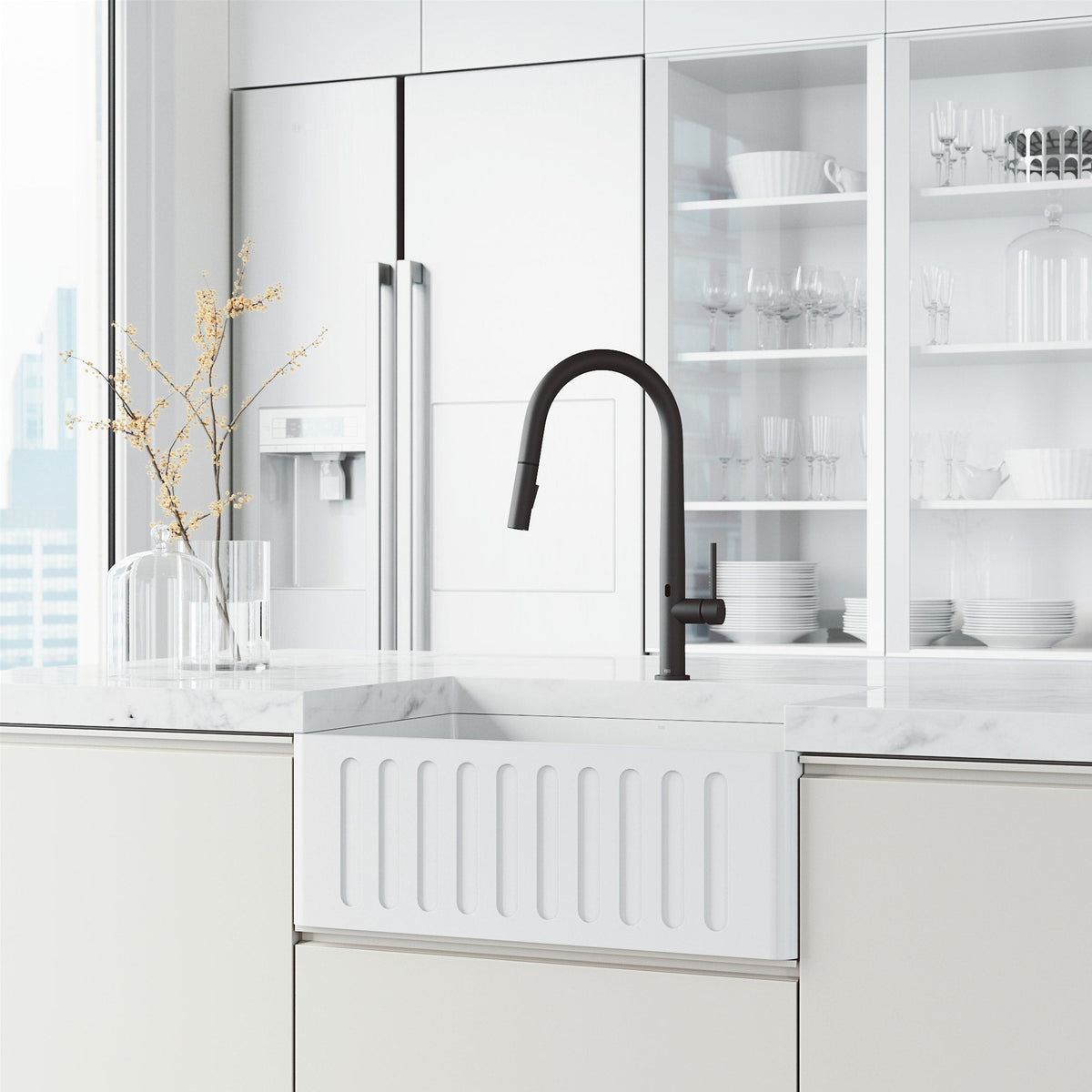 High-arc matte black faucet with lever handle and included supply lines and hardware